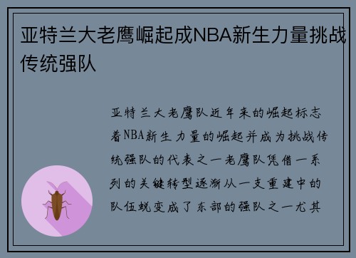 亚特兰大老鹰崛起成NBA新生力量挑战传统强队