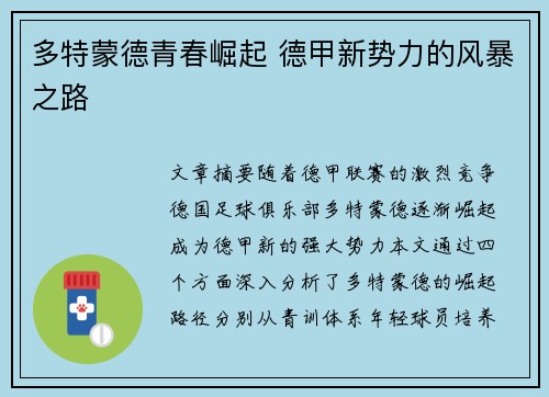 多特蒙德青春崛起 德甲新势力的风暴之路